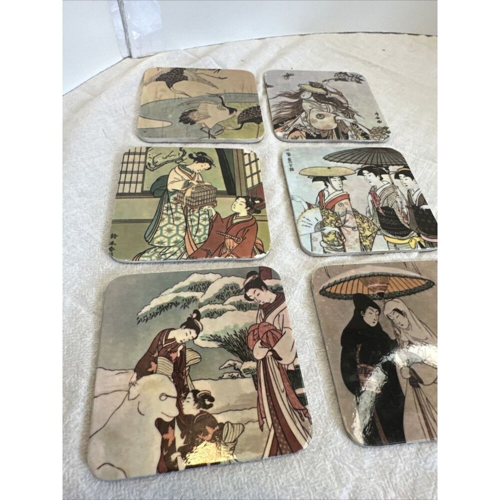 Set of 6 Japanese Motif Melamine Coasters  Vintage 1970's 3..75” Felt Backed